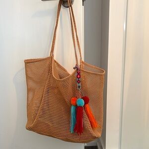 Tan Mesh Tote Bag with Colorful Tassels